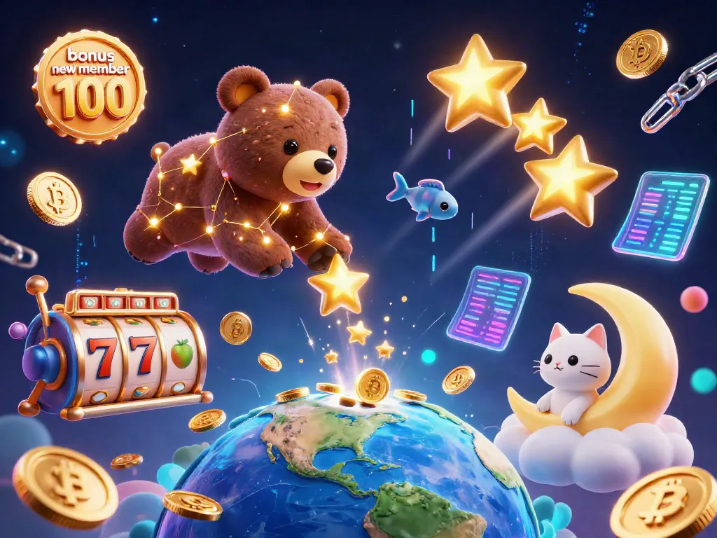 Experience the thrill of slot gaming with bonus new member 100, showcasing a vibrant 3D casino scene filled with lucky symbols and engaging characters.