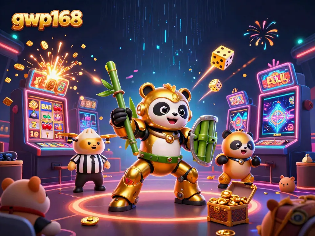 Menggambarkan pengalaman bermain Casino Live di platform gwp168 dengan karakter panda emas dan elemen estetika kasino.