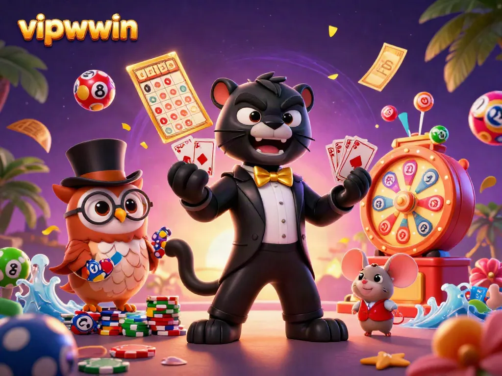 Experience excitement with vipwwin as a stylish panther deals cards amidst vibrant lottery elements.