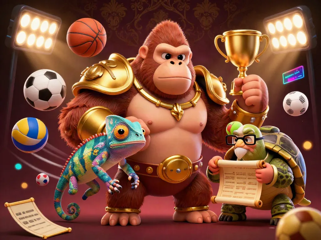 Dive into excitement with doomuan, showcasing a powerful gorilla king in battle armor surrounded by vibrant sports elements.