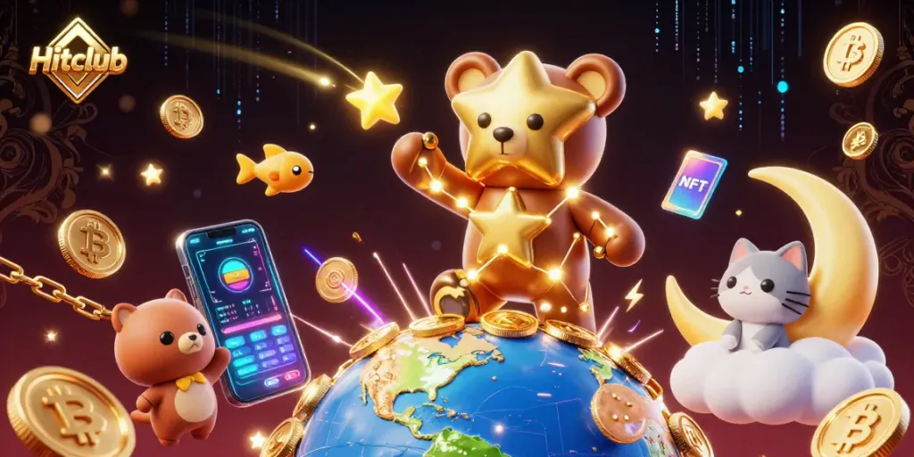 Experience thrilling gameplay at Hitclub with vibrant characters, casino elements, and glowing features in a colorful digital universe.