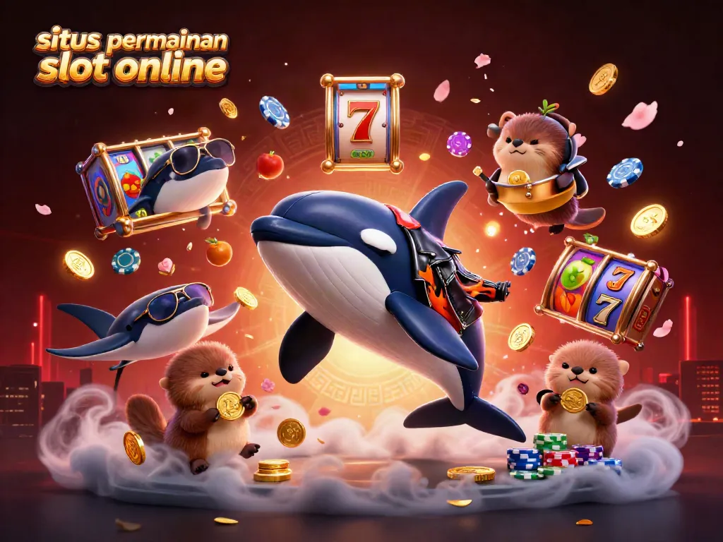 Gali informasi menarik tentang situs permainan slot online dengan ilustrasi kartun orka dan simbol jackpot.