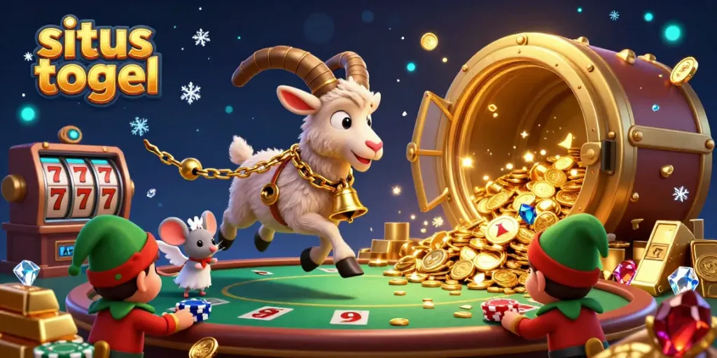 Experience the festive thrill of situs togel with Krampus and playful characters in an exciting casino scene.