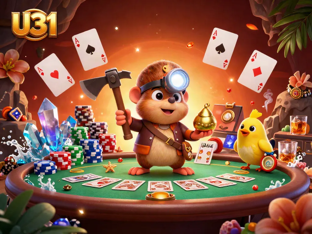 Join U31 for exciting poker action with a treasure hunter in a vibrant casino cave scene.