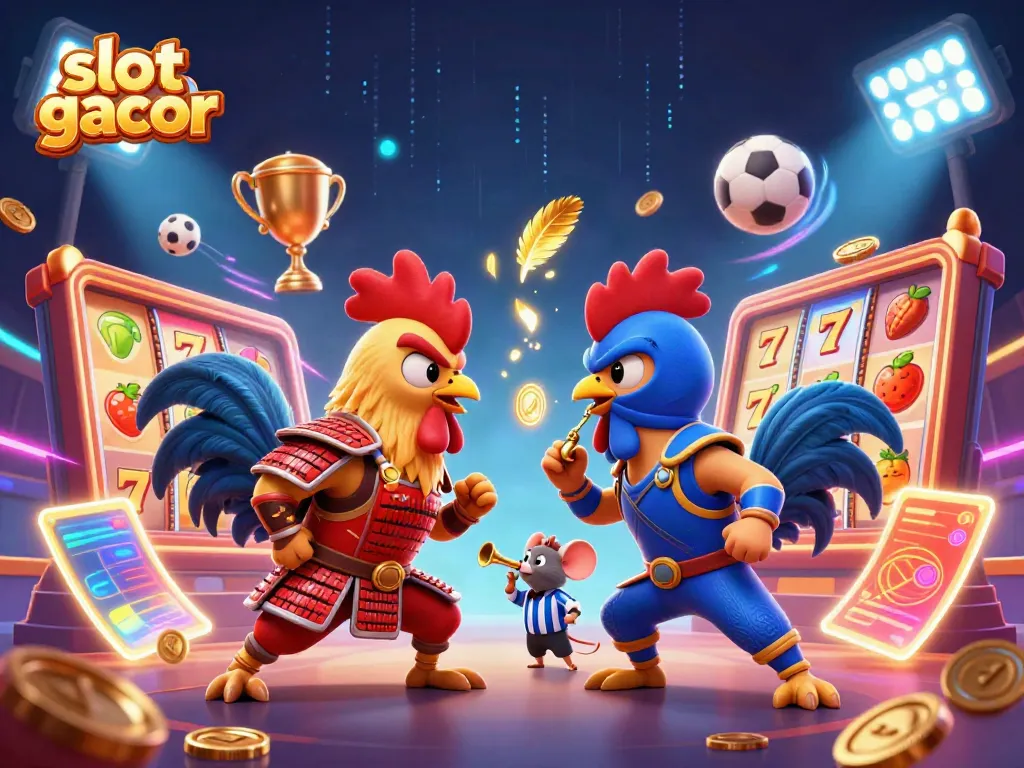 Experience thrilling moments in slot gacor with dynamic roosters battling amidst glimmering reels and casino elements.