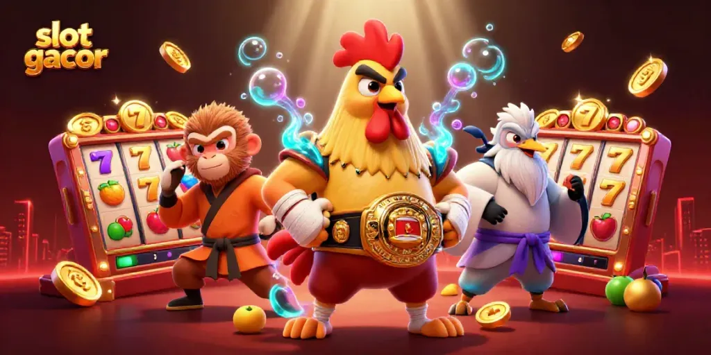 Gambar slot gacor menampilkan karakter ayam Muay Thai dan artis bela diri, bersaing meraih jackpot.