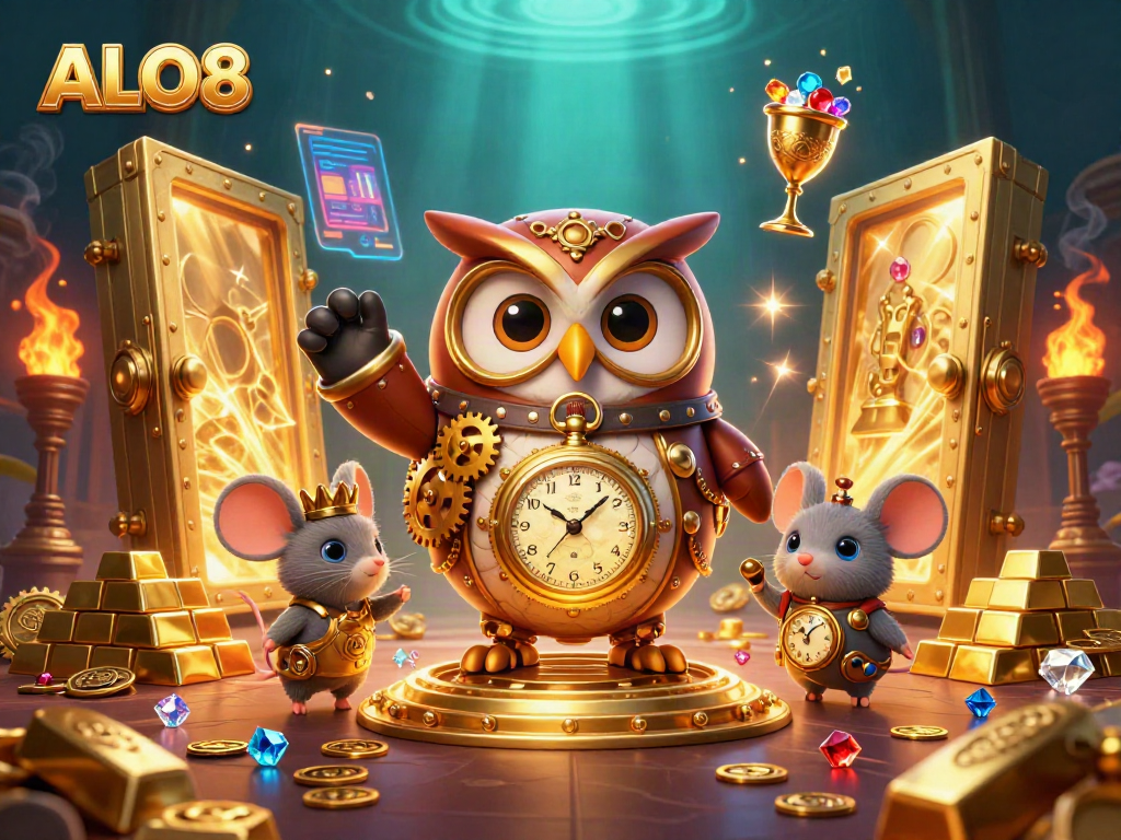 Experience the thrill of ALO8 with a 3D illustration showcasing a vibrant casino scene filled with treasures.