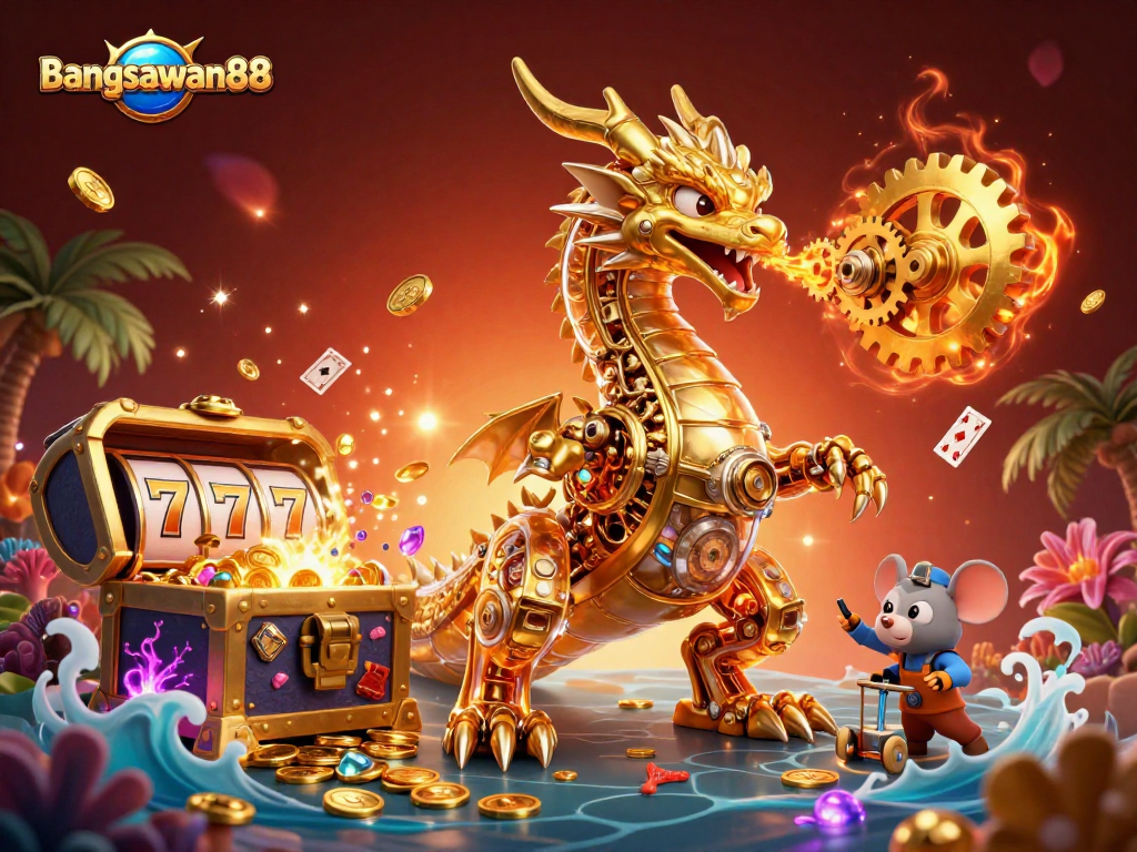 Experience the thrill of bangsawan88 with a captivating golden dragon amid treasures in this casino artwork.