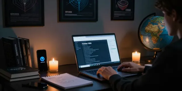 Exploring the hidden wiki 2026 dark web with a laptop displaying onion links and cybersecurity tools in a dim room.