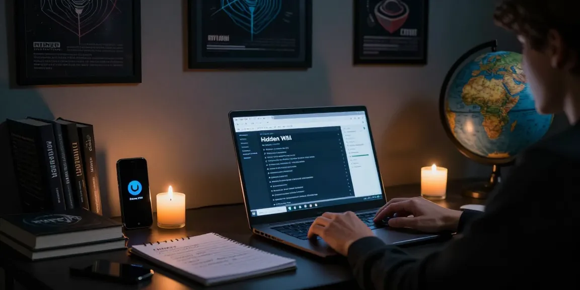 Exploring the hidden wiki 2026 dark web with a laptop displaying onion links and cybersecurity tools in a dim room.