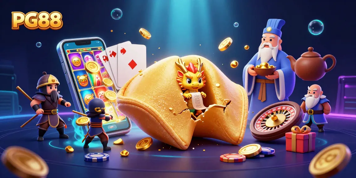 PG88 players enjoy thrilling games with golden fortune cookie and slot action in a vibrant scene.