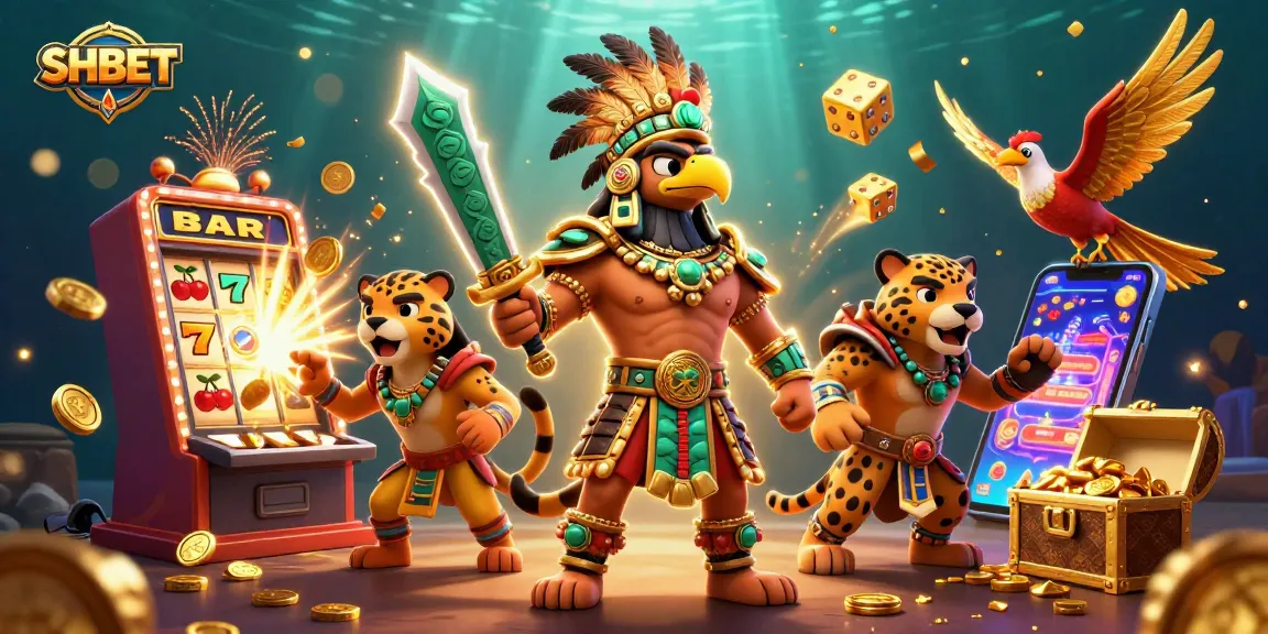 Experience the excitement of SHBET with a vibrant jackpot scene featuring Aztec warriors and dynamic casino games.
