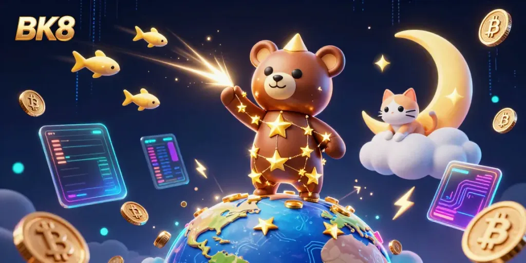 Experience the thrill of BK8 in a mesmerizing digital casino world, filled with cosmic elements and currency symbols.