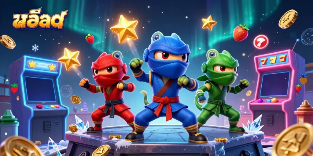 Explore สล็อต action as chameleon ninjas perform on a rooftop amidst vibrant casino elements.