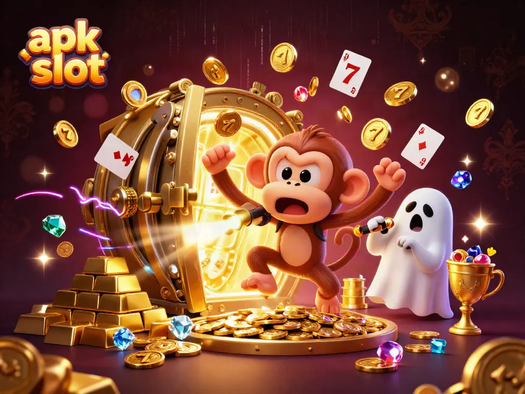 Menggenggam apk slot dengan koin emas dan simbol, hantu lucu melacak poltergeist di kasino berhantu.