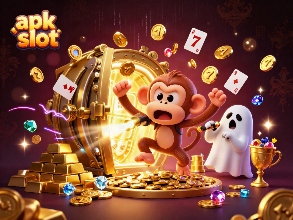 Menggenggam apk slot dengan koin emas dan simbol, hantu lucu melacak poltergeist di kasino berhantu.