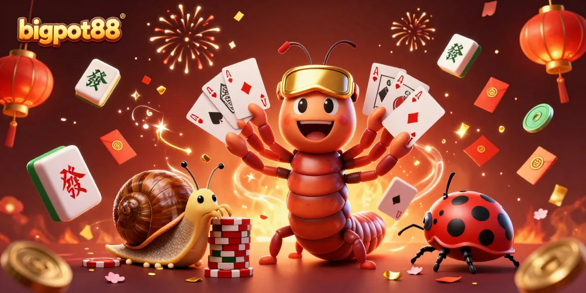 Engage with bigpot88's vibrant casino scene featuring a cartoon millipede dealer and high-roller snail.