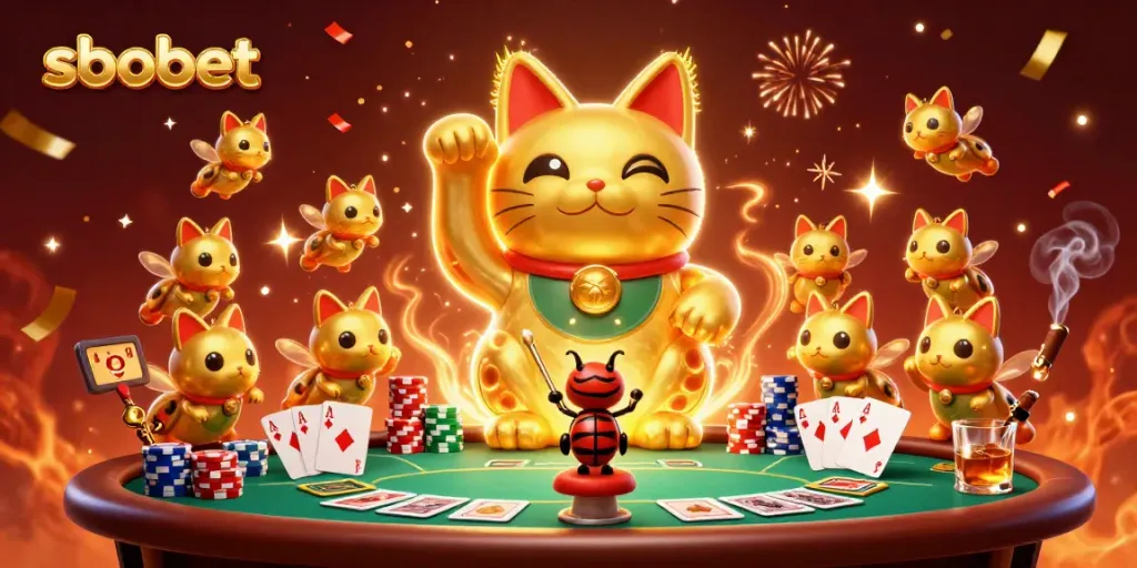 Engage in sbobet sports betting with vibrant casino elements and a waving lucky cat