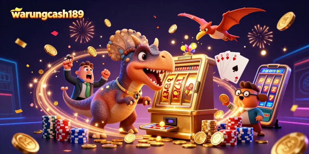 Experience the excitement of warungcash189 as a dinosaur headbutts a slot machine, showering coins!