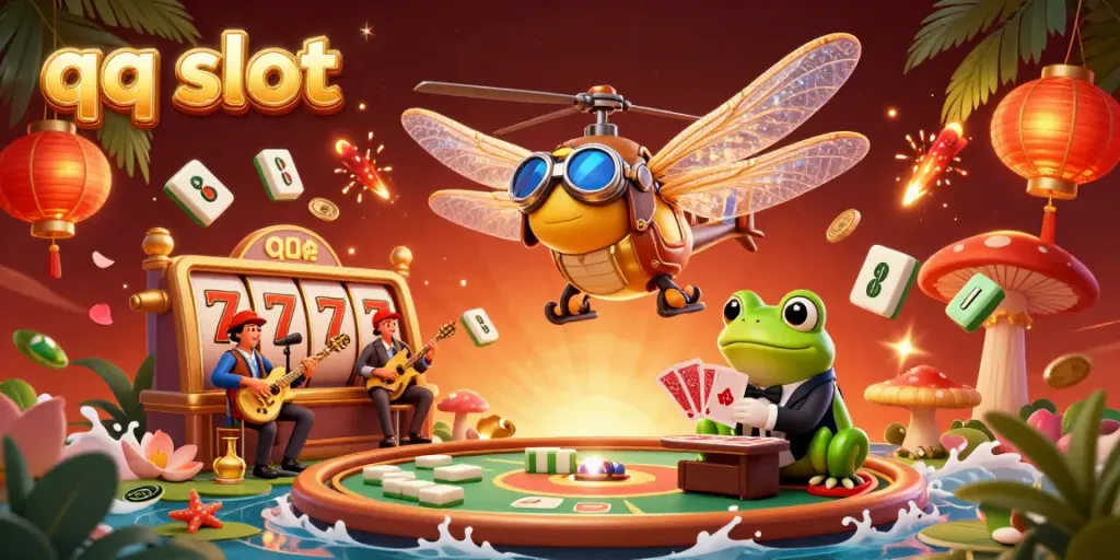 Engage with qq slot gaming excitement in a vibrant casino scene featuring colorful characters and dynamic elements.