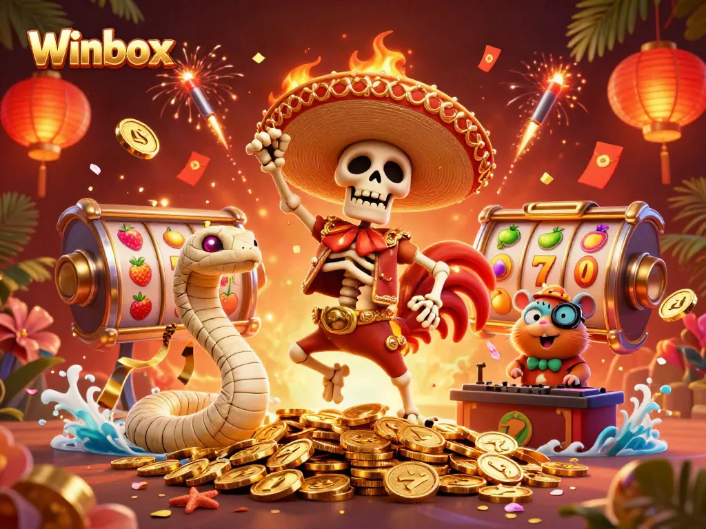 Winbox celebrates with a fiesta of colorful slot reels and festive characters.