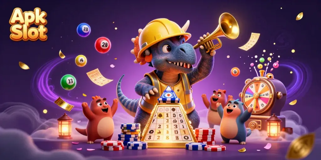 Permainan Apk Slot yang menarik dengan simbol slot dan koin emas berjatuhan.