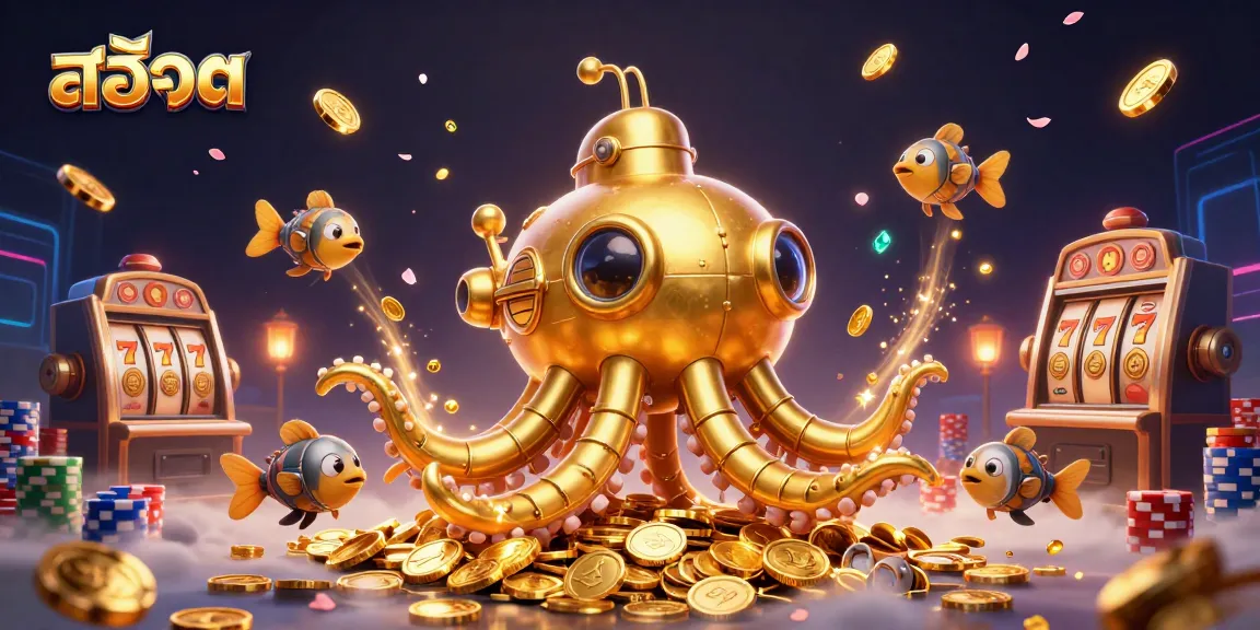 Spin big wins in สล็อต with golden kraken and vibrant casino symbols in a dynamic scene.