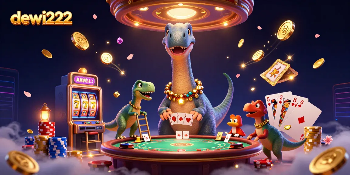 Permainan seru di dewi222 dengan brontosaurus dan raptor di kasino, kartu dan chip melimpah.