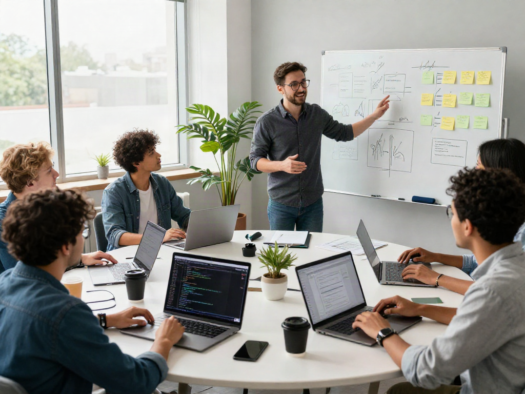 Innovative collaborative tech scene at https://alo8app.win/ showcasing diverse software engineers brainstorming app development ideas.