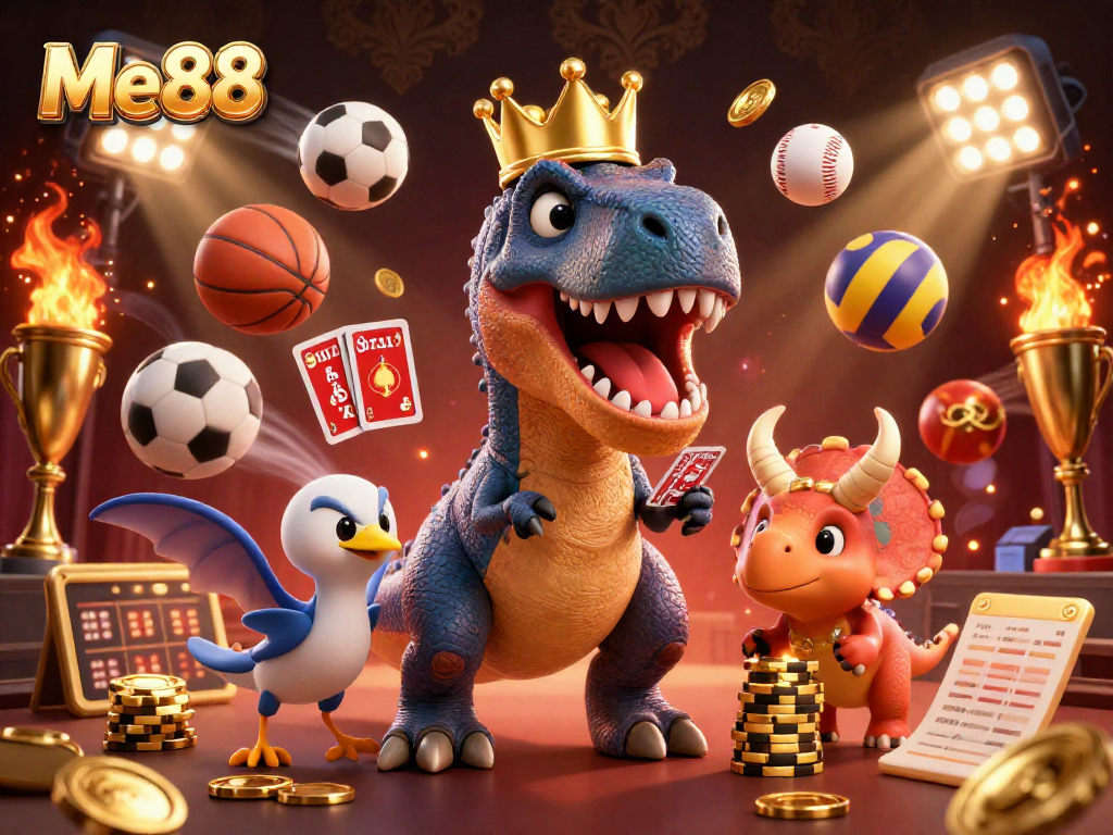 Me88 transforms gaming with a T-Rex shuffling cards, vibrant sports elements, and golden chips.