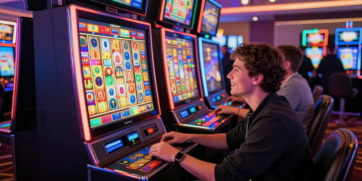 Pengalaman bermain slot jackpot yang mengasyikkan di kasino, dengan mesin slot berputar dan suasana ceria.