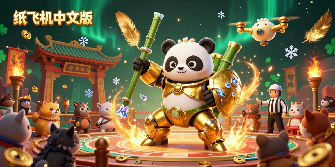 Experience the thrill of 纸飞机中文版 in this dynamic casino scene featuring a panda robot battling, surrounded by festive casino elements.