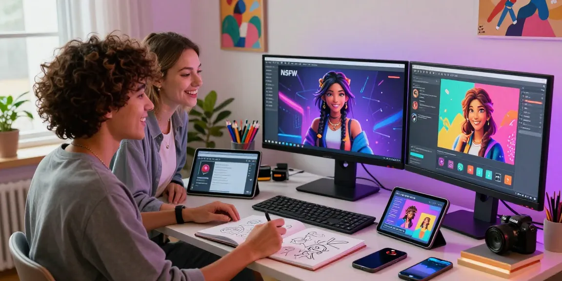 Young couple exploring interactive NSFW AI characters on sleek desktop setup, characterized by vibrant avatars and ambient lighting.
