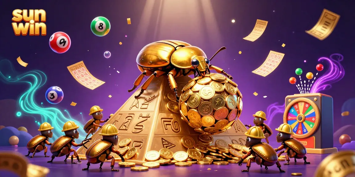 Catch the sun win moment with colorful bouncing lottery balls amidst a gold-coin pyramid scene, capturing casino excitement.