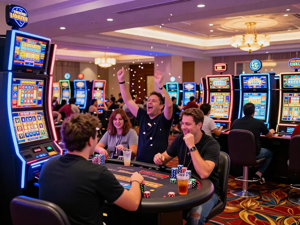Lucky777 celebration at a vibrant casino, players winning jackpots surrounded by colorful lights.