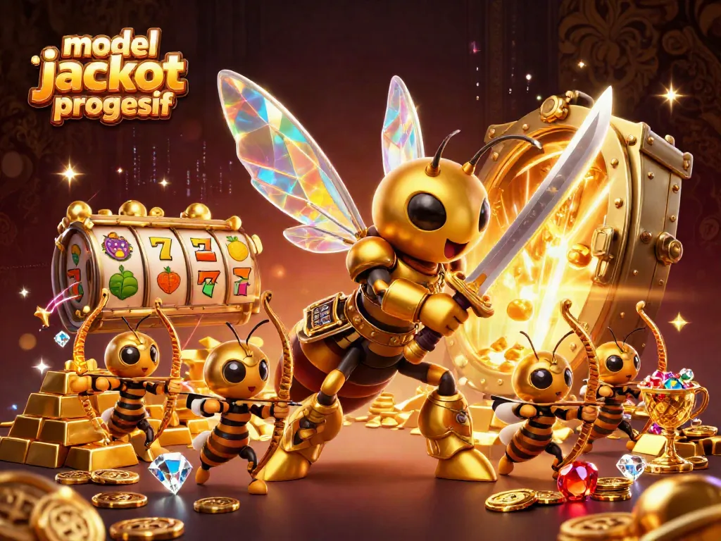 Visualisasi model jackpot progresif menampilkan simbol slot dan arsitektur kasino berkilau.