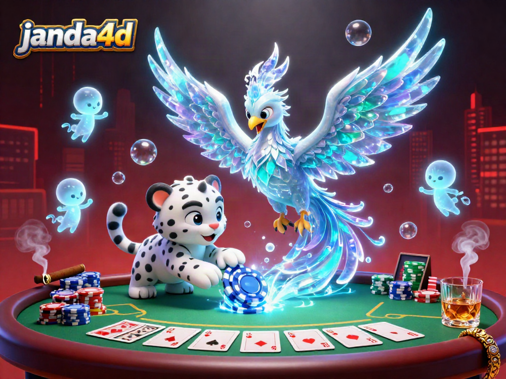 Permainan menegangkan di janda4d dengan phoenix es dan sprite bersinar di meja poker.