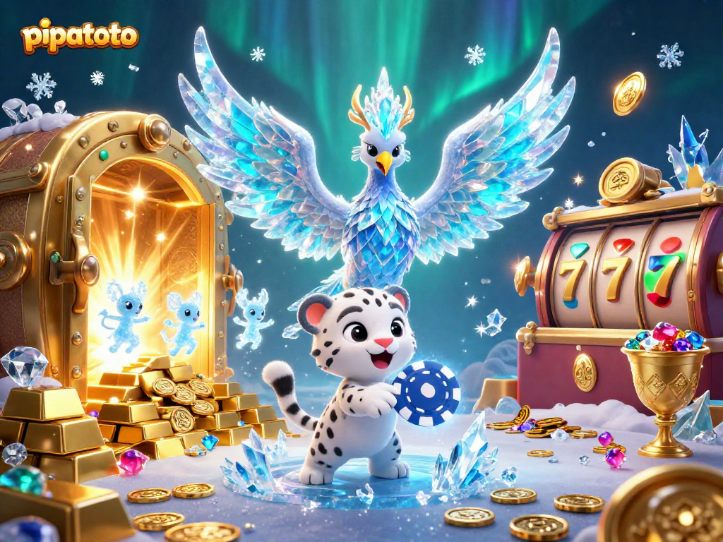 Pipatoto showcases dynamic gaming action with a 3D ice phoenix, poker chip, and treasure elements.