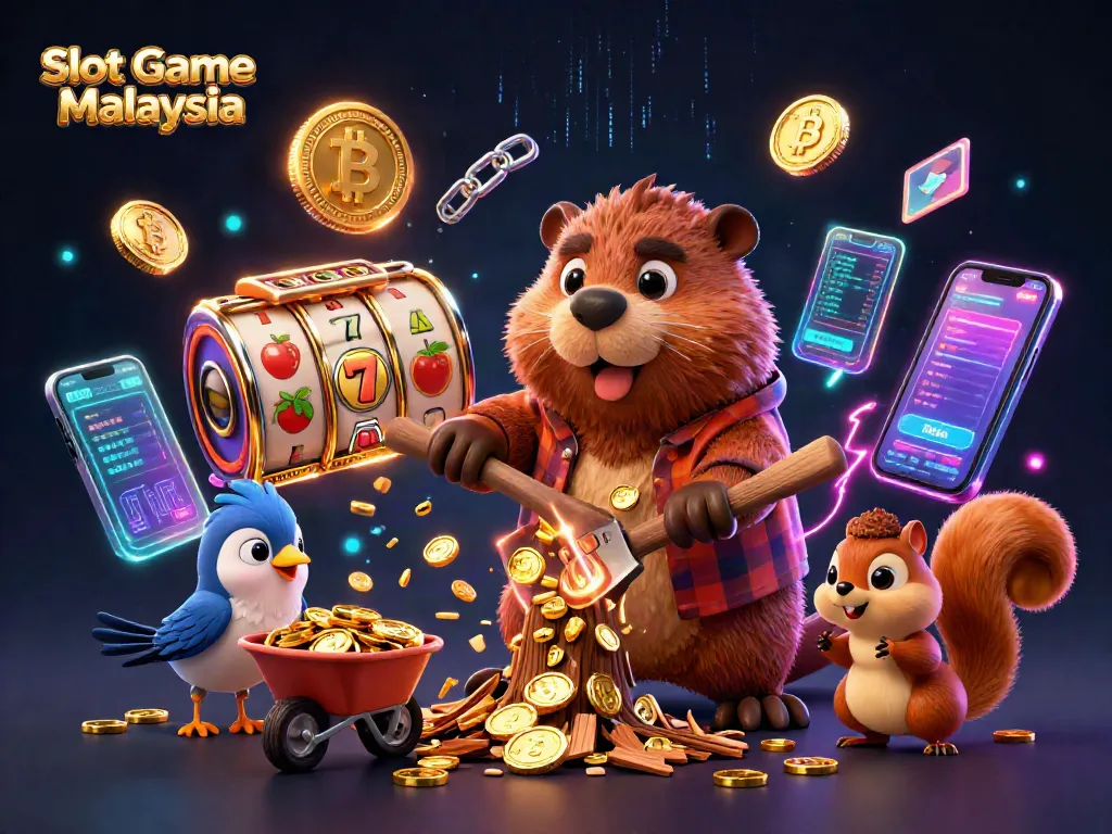 Experience thrilling wins with Slot Game Malaysia in an exciting cartoon-style casino scene filled with gold coins.