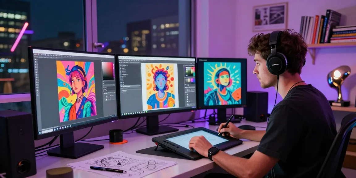 Creating AI NSFW artwork in a vibrant digital studio with artist immersed in colorful designs.