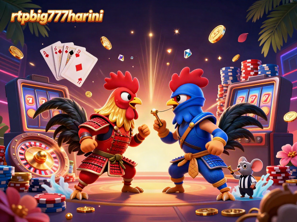 Engage in thrilling battles with rtpbig777hariini, where cartoon roosters compete for glory amidst sparkling gold and lively casino elements.