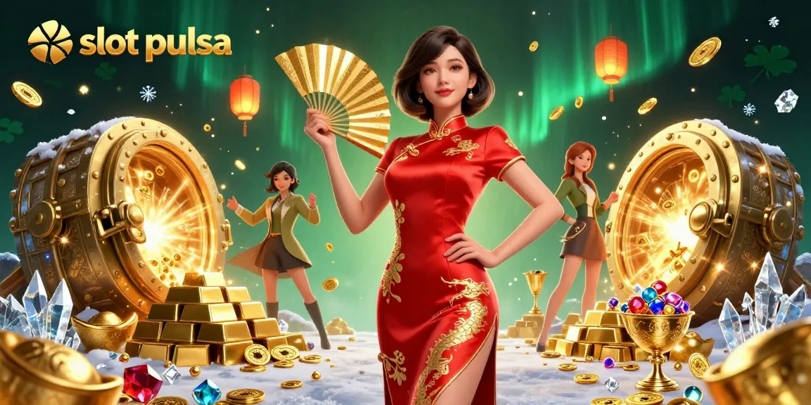 Experience the excitement of slot pulsa with dazzling treasures and vibrant characters in a dynamic casino scene.