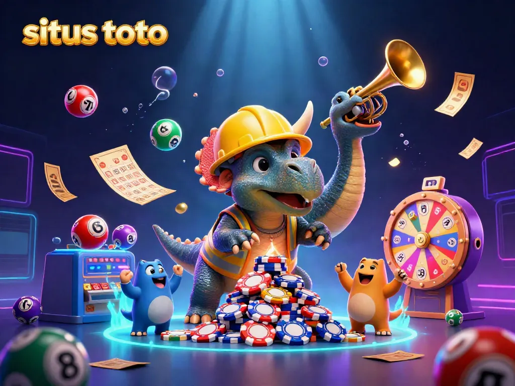 Experience the thrill of situs toto with an animated scene featuring playful dinosaurs in a vibrant casino.
