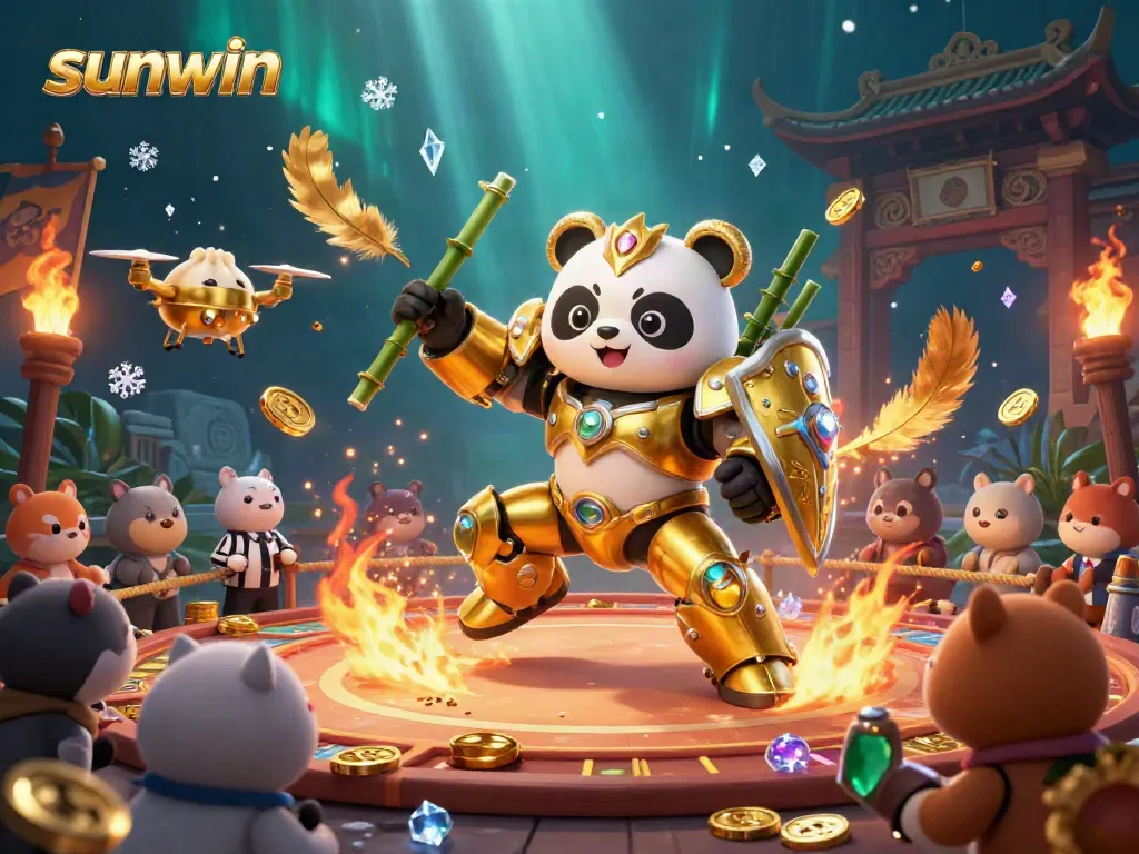 Experience the thrilling action of sunwin with a golden panda in a vibrant gambling arena filled with energy and excitement.