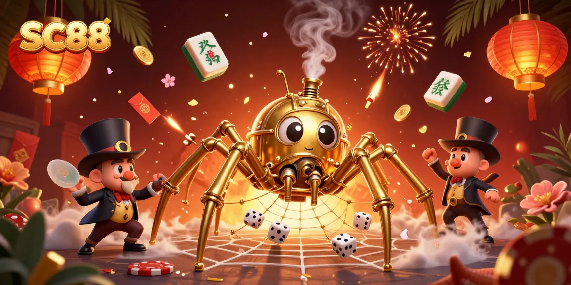 Engage with SC88's thrilling casino atmosphere highlighted by a playful steampunk spider and golden gaming elements.