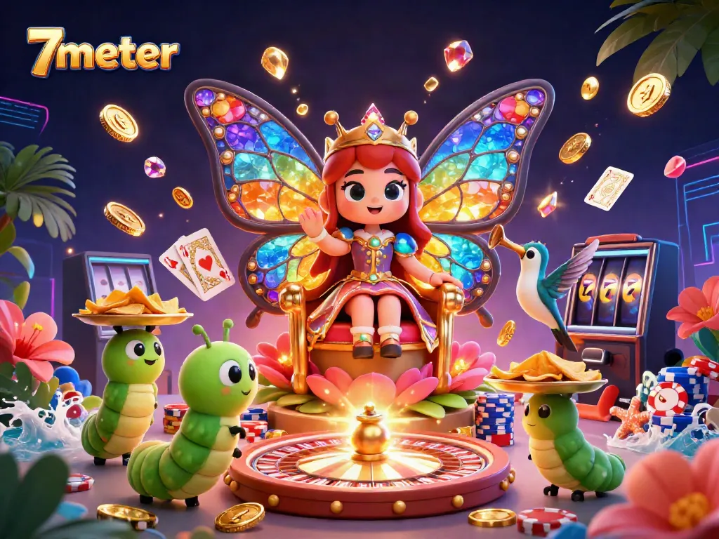 Experience 7meter with vibrant casino elements as dynamic golden coins and a roulette wheel illustrate the excitement.