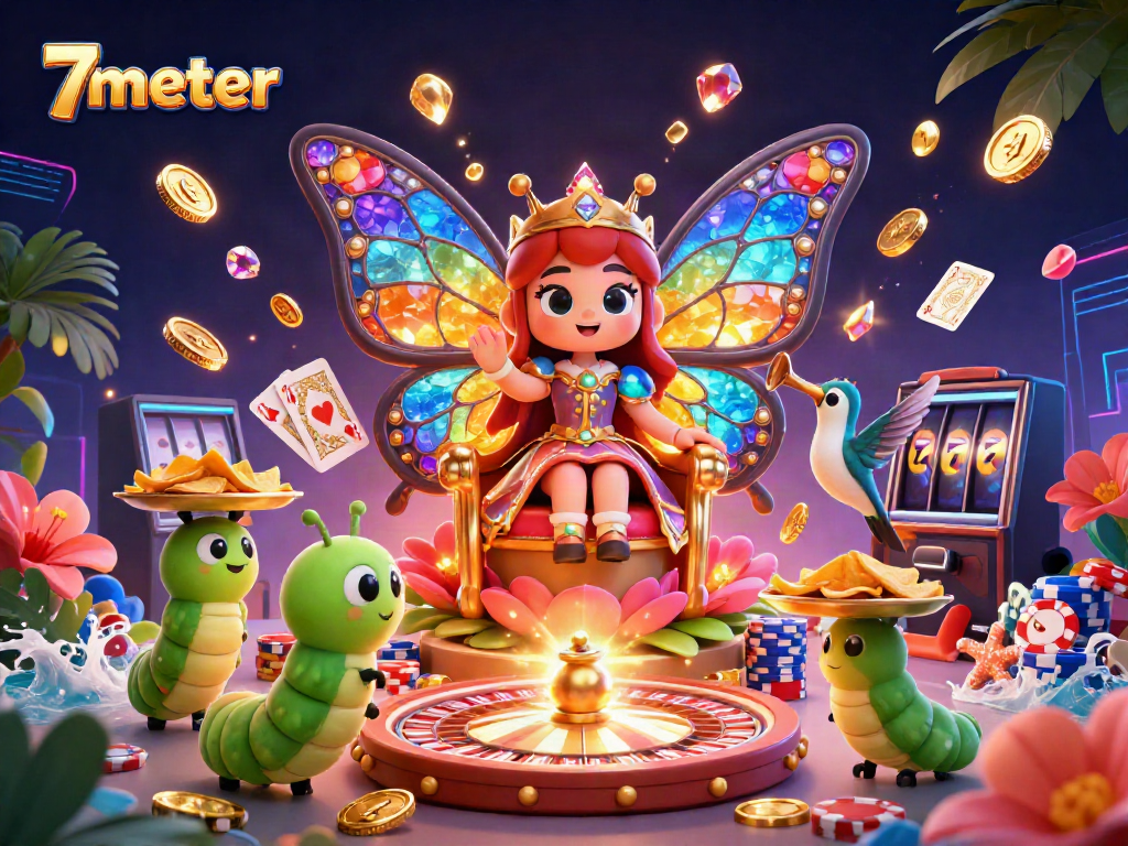 Experience 7meter with vibrant casino elements as dynamic golden coins and a roulette wheel illustrate the excitement.