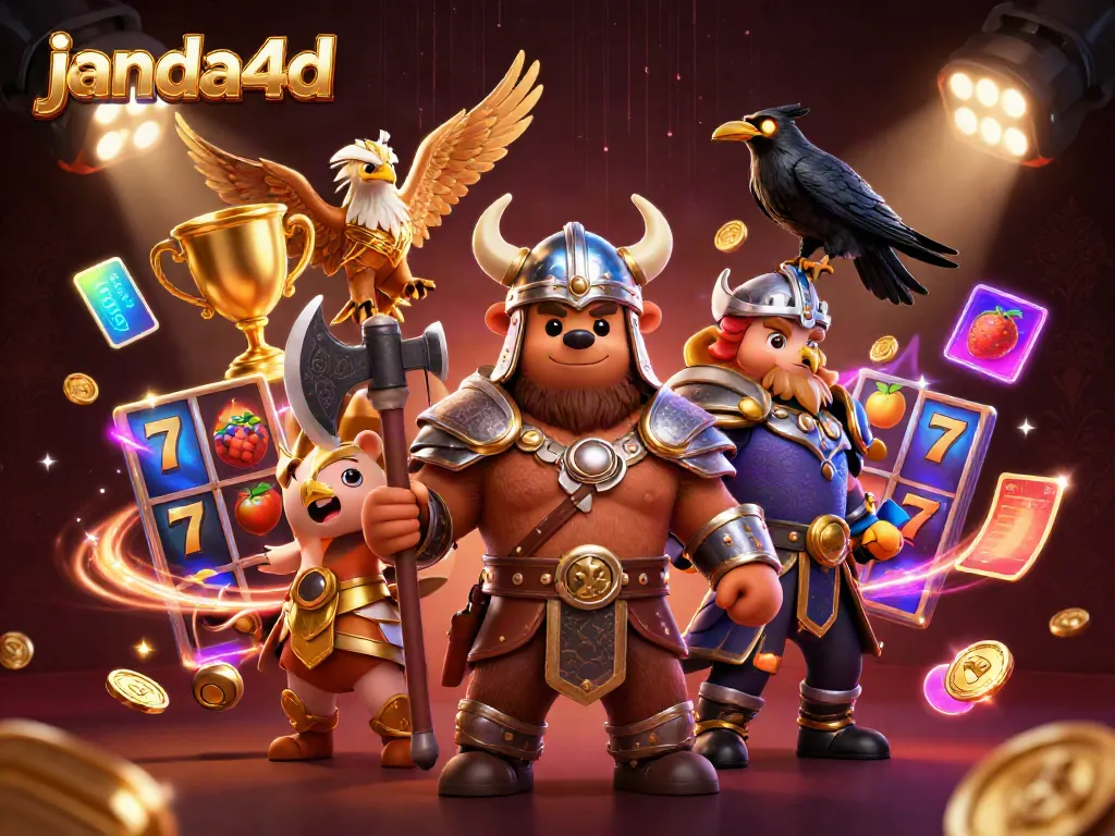 Gambarlah karakter janda4d dengan Viking beruang dan Valkyrie di dunia kasino online.