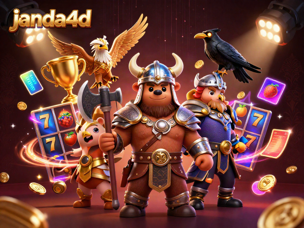 Gambarlah karakter janda4d dengan Viking beruang dan Valkyrie di dunia kasino online.