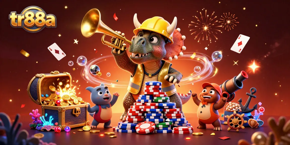 Experience the excitement of tr88a with a festive 3D illustration of characters celebrating in a casino setting.